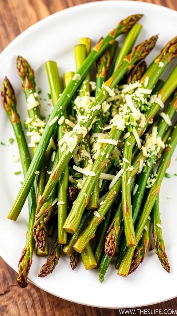 Roasted asparagus with parmesan cheese on a white plate, garnished with herbs, on a wooden table.